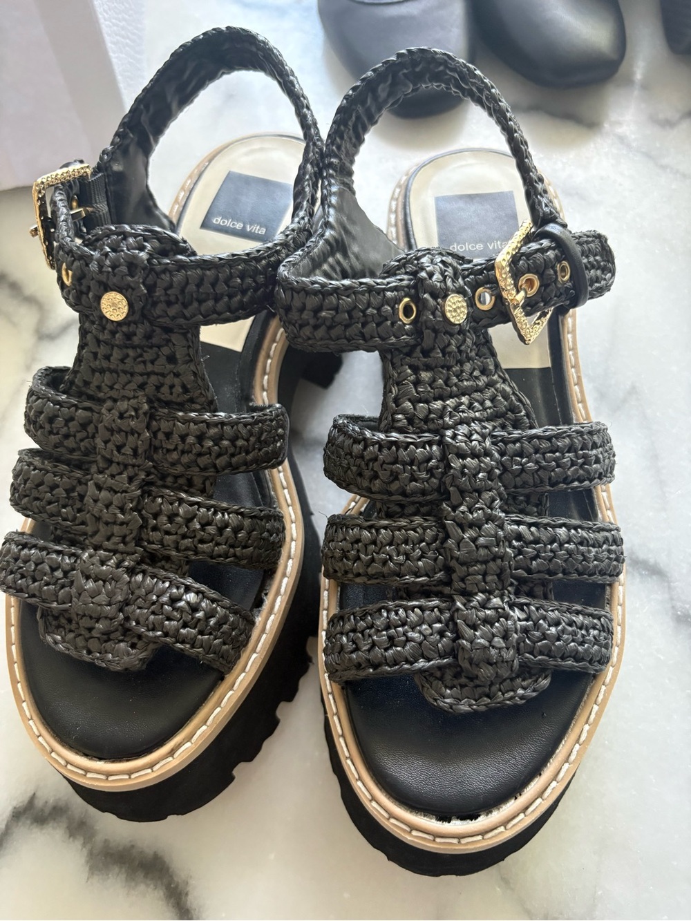 Dolce Vita Black Braided Platform Sandals with Buckle